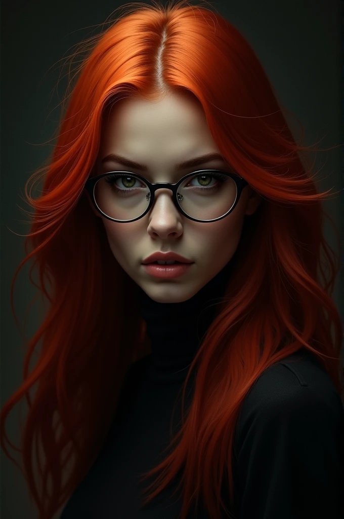 Create drawing images of a woman with long, straight, strong red hair wearing round prescription glasses. Make the drawing dark style