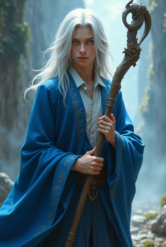 Male wizard in blue robe holding staff, LONG white hair, yellow eyes, age 20 years