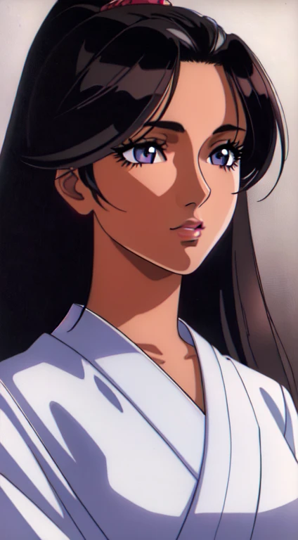 a beautiful young woman, long black hair in high ponytail, parted bangs, purple eyes, dark skin, red hakama, white kimono, 90s anime style, (best quality,4k,8k,highres,masterpiece:1.2),ultra-detailed,(realistic,photorealistic,photo-realistic:1.37),intricate details,elegant pose,dramatic lighting,vivid colors,cinematic,highly detailed facial features,beautiful detailed eyes,beautiful detailed lips,extremely detailed eyes and face,long eyelashes,dramatic lighting,muted color palette,soft focus,delicate fabric textures,ornate kimono patterns,traditional japanese aesthetic,anime inspired,digital painting