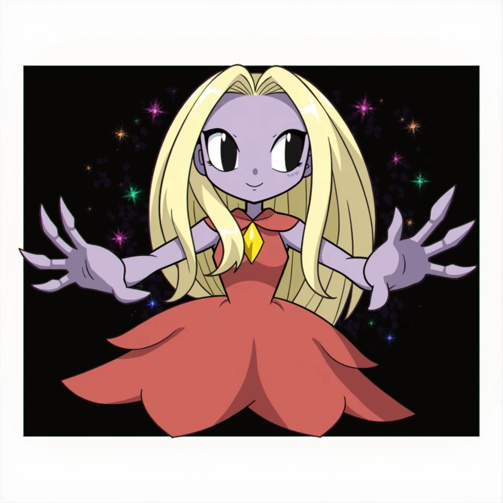 Pokemon long blonde hair red dress dark steel skin black eyes