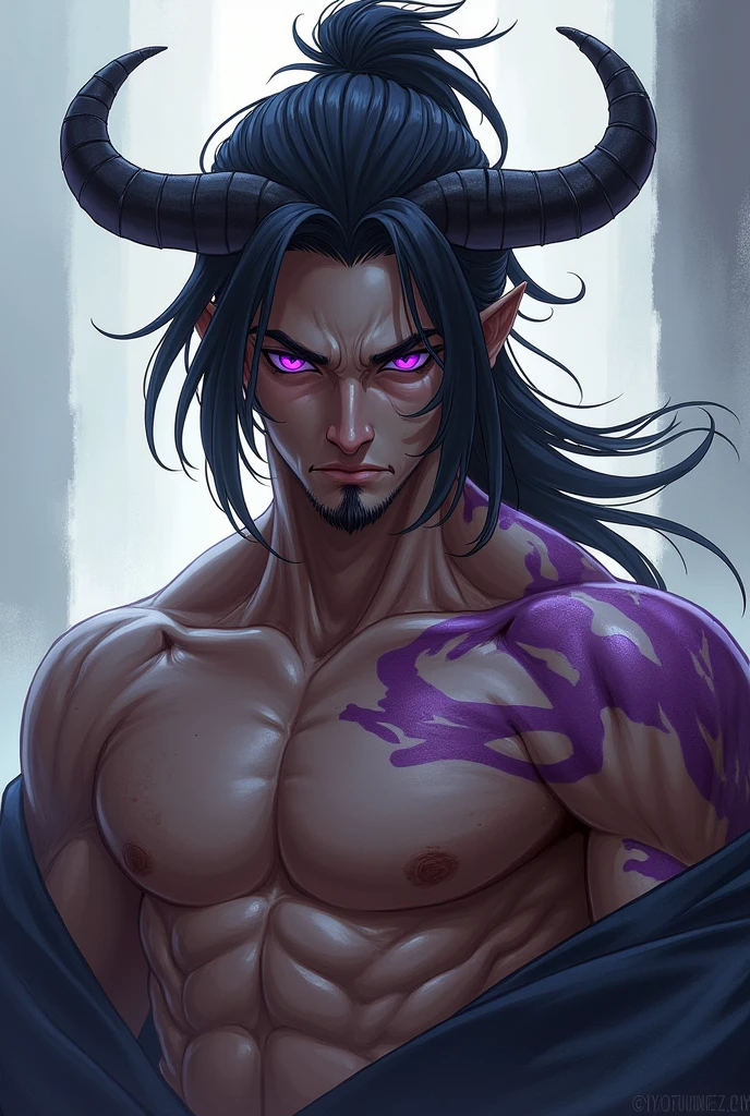 This man has an imposing presence, Standing out for his intense purple eyes that seem to reflect an enigmatic depth. His skin is clear, which contrasts with the visible scars that adorn his torso, telling stories of past battles and intense struggles.
Her long, dark hair is neatly combed into a half ponytail., adding a touch of masculine sophistication to your look. Although he lacks a beard, His face has marked features that give him a severe and determined appearance..
In your head, A pair of oni horns that curve upwards stand out, giving it a majestic and somewhat fearsome air. These horns, along with their scars, They underline an aura of strength and endurance. Your clothing, although not described in detail, probably complements its formidable and enigmatic appearance.