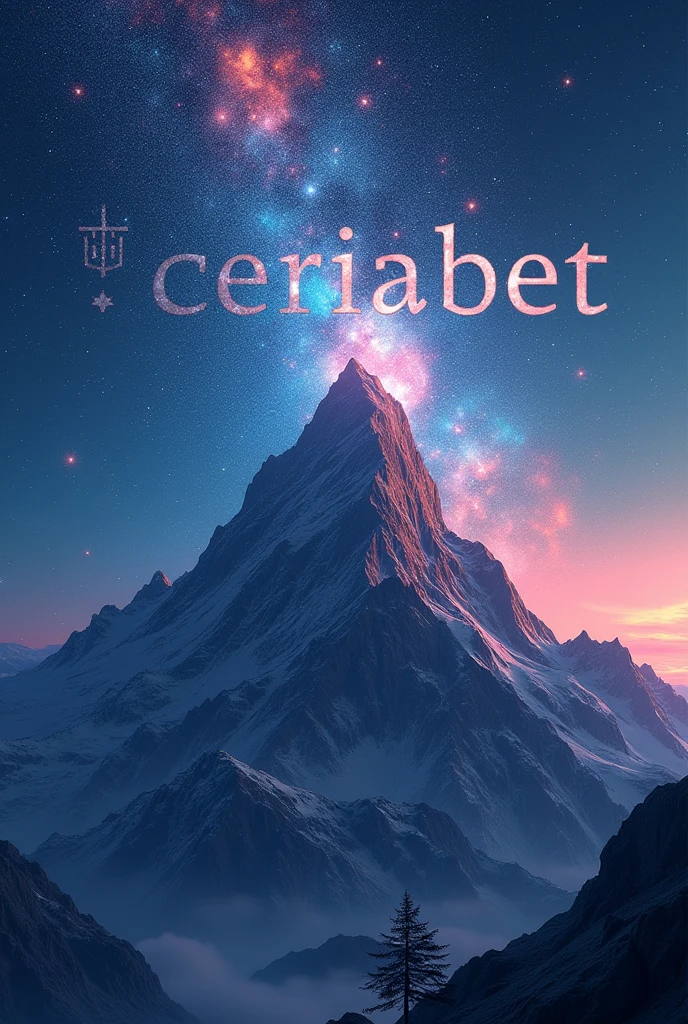 "Design a 3D realistic logo with the text 'Ceriabet' placed atop a majestic mountain under a stunning galaxy-filled sky. The galaxy should feature vibrant colors, twinkling stars, and nebulae, creating an awe-inspiring celestial backdrop. The mountain should be detailed and rugged, with the text 'Ceriabet' standing prominently and illuminated by the cosmic glow from the galaxy above. The overall scene should be visually striking, blending the beauty of the natural landscape with the vastness of the galaxy in a cool and captivating way."