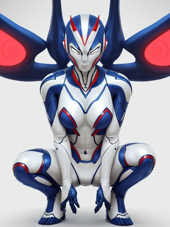 A female alien with a silver body and red and blue lines.、Large milky white eyes、Female Ultraman、Crouching with legs wide open