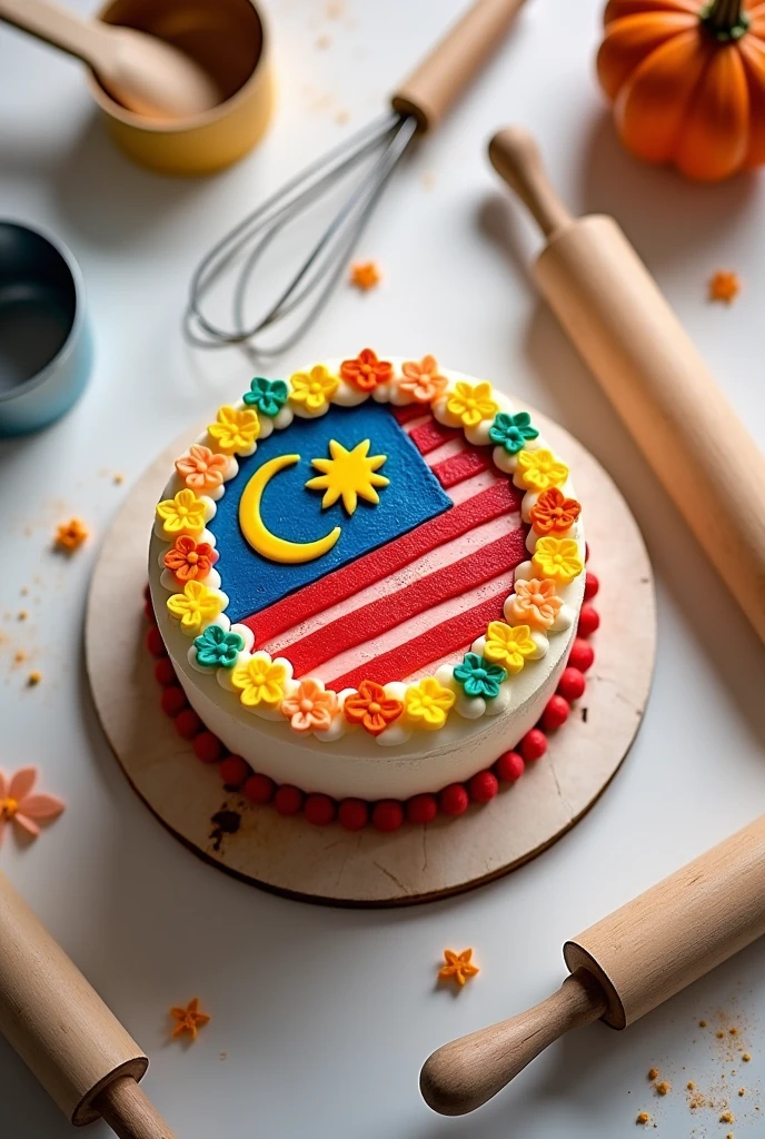 image from top of small cake, with decorations of Malaysia Independence Day and baking tools beside the cakes