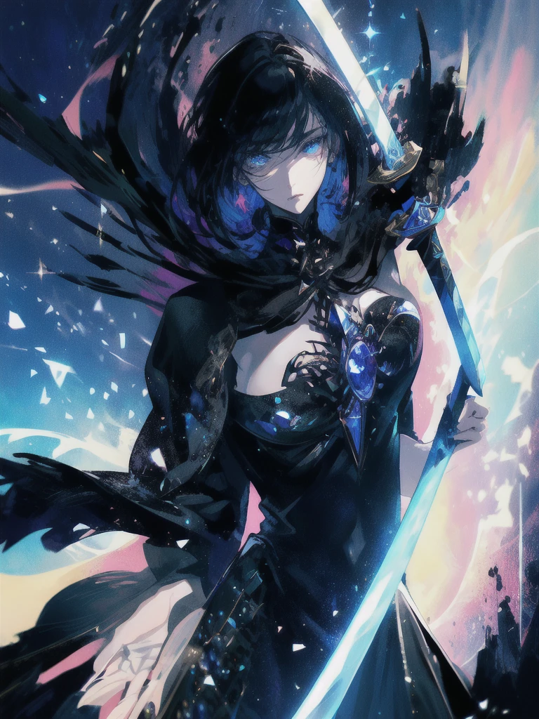 Holding a one-handed sword、Please take the black sword.、((masterpiece, highest quality, Super detailed, High resolution)), alone, beautiful girl, shining eyes, perfect eyes, , black white gold theme,