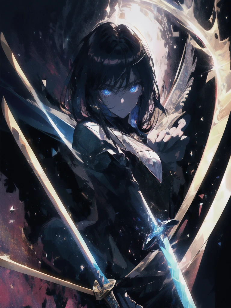 Holding a one-handed sword、Please take the black sword.、((masterpiece, highest quality, Super detailed, High resolution)), alone, beautiful girl, shining eyes, perfect eyes, 15 years old, black white gold theme,