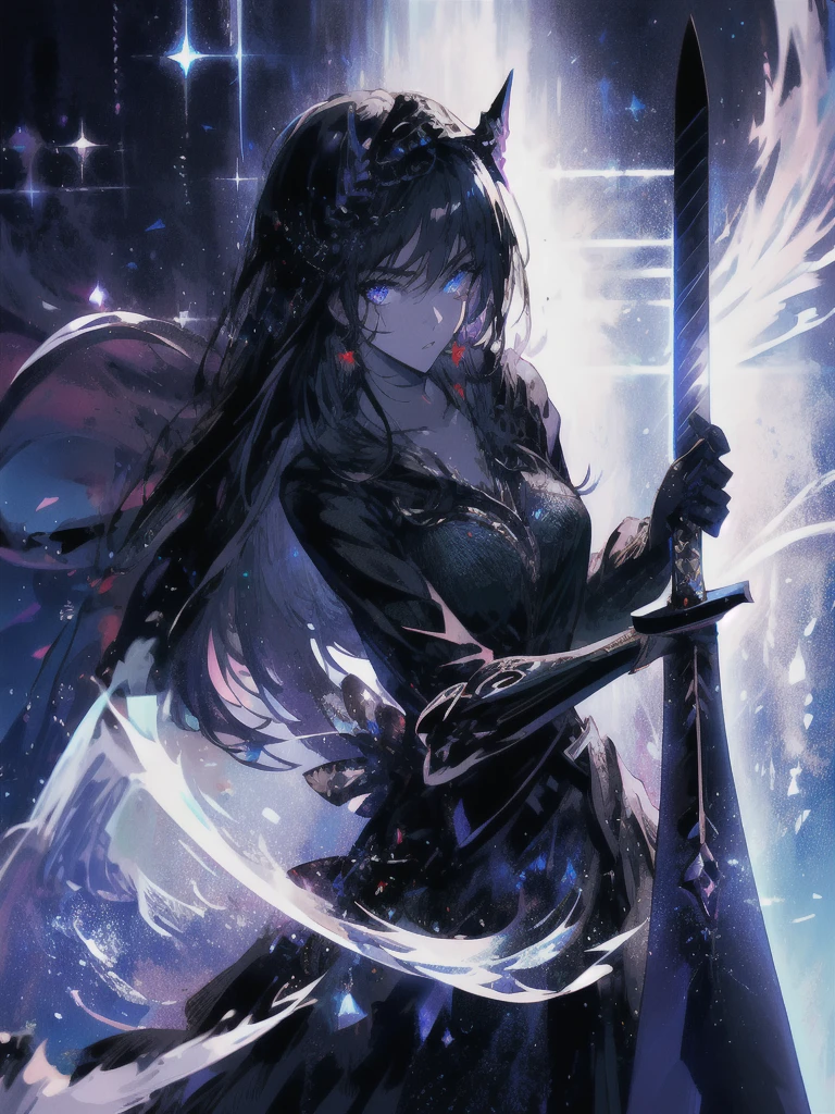 Holding a one-handed sword、Please take the black sword.、((masterpiece, highest quality, Super detailed, High resolution)), alone, beautiful girl, shining eyes, perfect eyes, , black white gold theme,