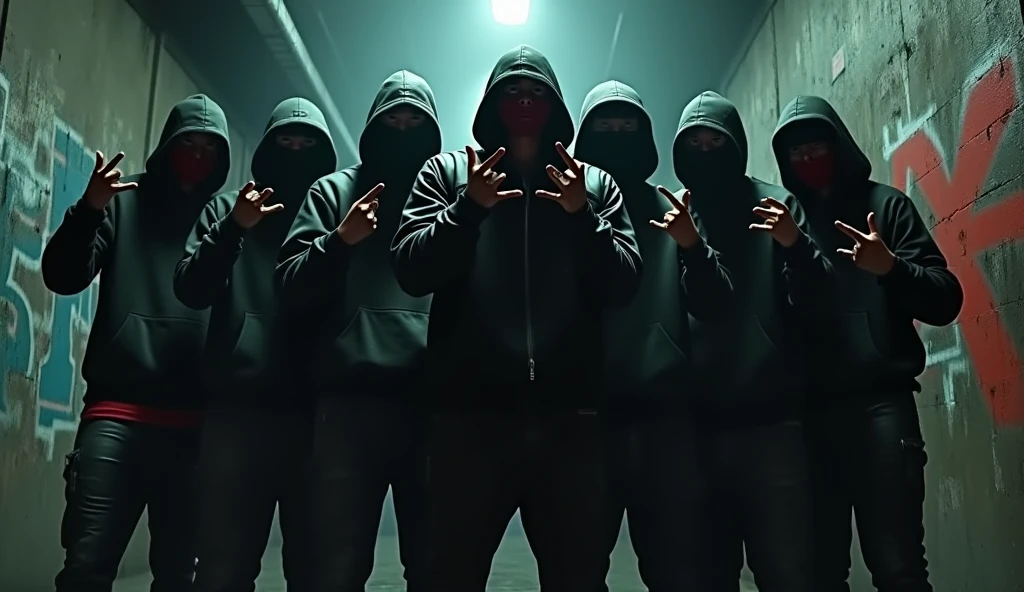 Crie uma miniatura para o videoclipe big dawgs, everyone with their faces covered, making gang symbol with hand, gangster clothes