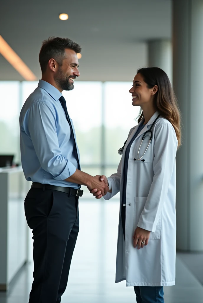 A civil engineer and a doctor together , shaking hands , make the image wide 
