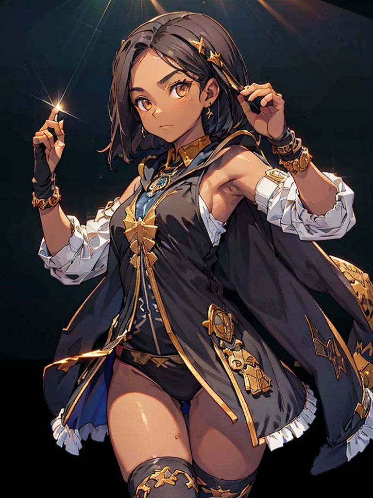 Black background with spotlight,1people々((Dark Skin:1.5,Dark brown eyes:1.4,Black Hair:1.3,Gal Style,big ,)), Leopard print underwear、rinwell , beautiful girl、Raise your hands to show your sweaty armpits,