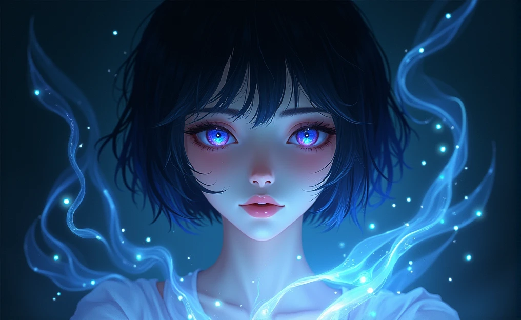 The image shows a younger man with delicate, androgynous features. The person has pale and smooth skin watching at us , with a serene and dreamy expression. His eyes are an intense and bright blue and purple, with a look that seems lost in deep thoughts. The younger man hair is black and short, flowing, and a deep black that appears to be made of liquid dark. It is soaked and falls in clumps that blend into the background, giving a sense of movement and fluidity. There is an ethereal lighting effect surrounding the boy. Flashes of blue and white light spread across the image, as if the person is surrounded by some kind of magical energy. Light reflections on the skin and hair reinforce this feeling that the boy is made of a liquid or crystalline material. The background is dark, which makes the light effects stand out even more. There is a play of light and shadow that adds depth and mystery to the scene. The style is very detailed and realistic, with a fantastic touch. The use of cool colors and lighting effects creates a dreamy and otherworldly atmosphere.
