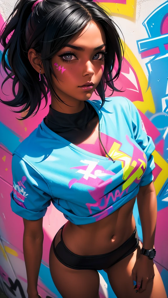 (best quality), (high detail), (vivid colors), (graffiti style), (freestyle), (Close up), (1black haired girl), young sexy female graffiti artist, spraying graffiti on a wall painted with street art, HDR, 8K, 3D, graffiti art style.