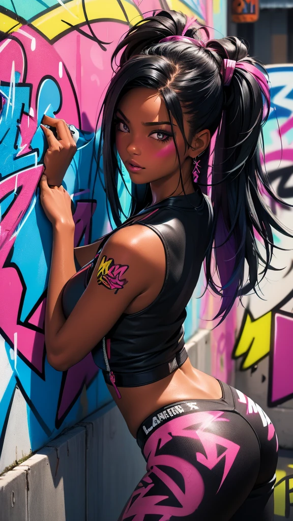 (best quality), (high detail), (vivid colors), (graffiti style), (freestyle), (Close up), (1black haired girl), young sexy female graffiti artist, spraying graffiti on a wall painted with street art, HDR, 8K, 3D, graffiti art style.