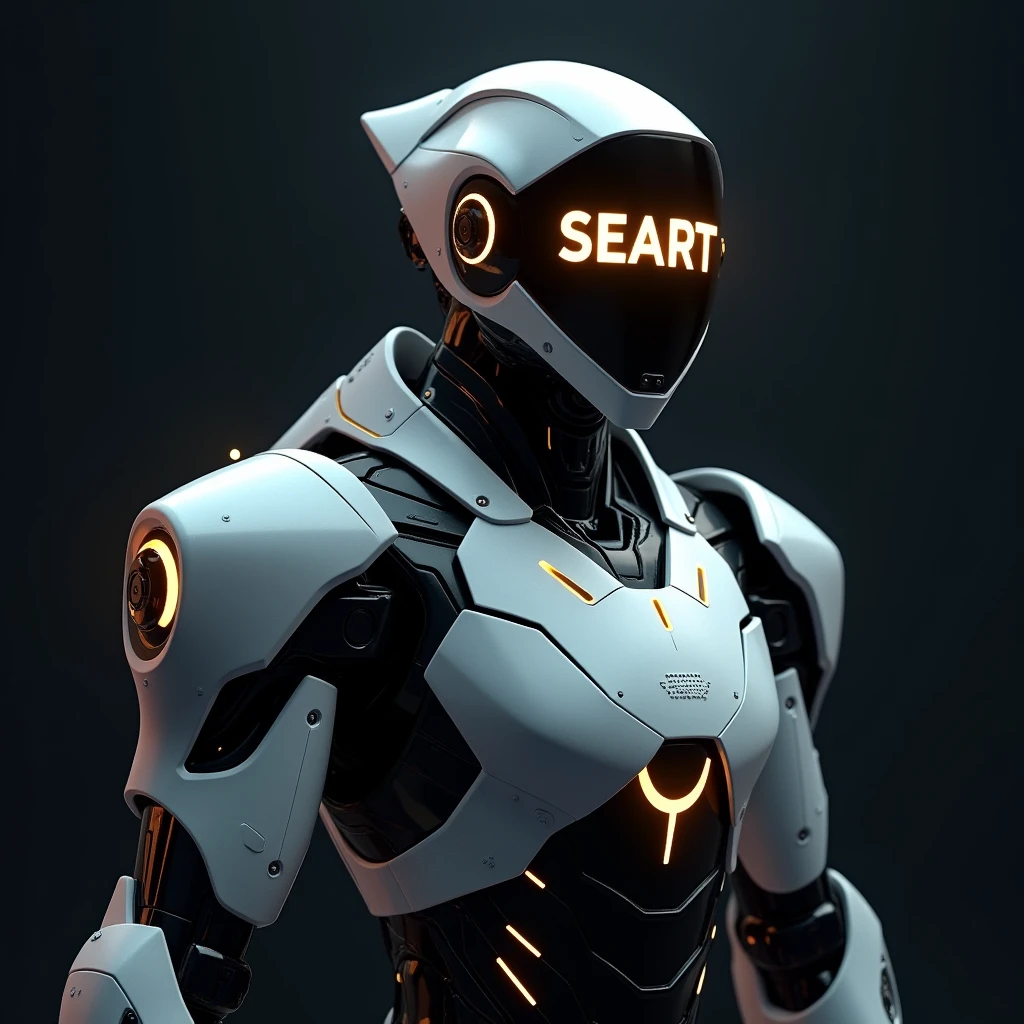 A futuristic robot with a soft glow from the giant letters “SEAART” on the helmet screen. Highly detailed hard surface rendering