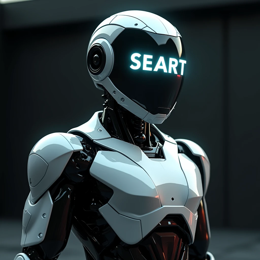 A futuristic robot with a soft glow from the giant letters “SEAART” on the helmet screen. Highly detailed hard surface rendering