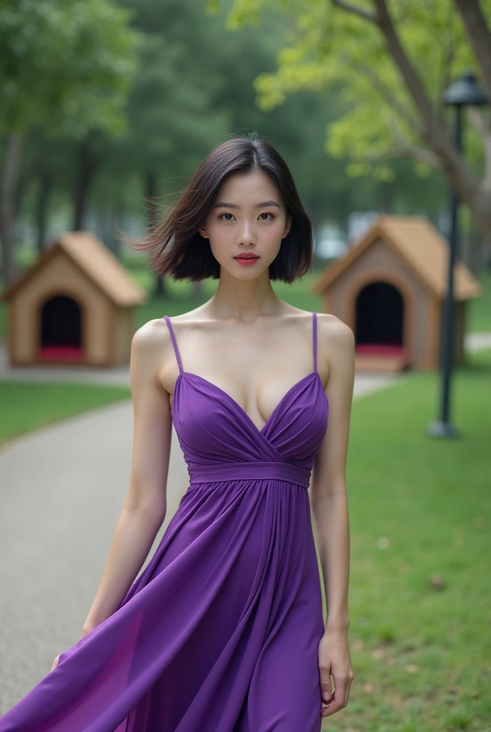 RAW Photos、42 years old、Park with doghouses、Grass, Wearing purple high leg, Beautiful hair all the way to the ends, Beautiful Japanese Women, short hair, Saggy breasts, Heavy makeup, Goddess of Eros, smile, View your audience, evening