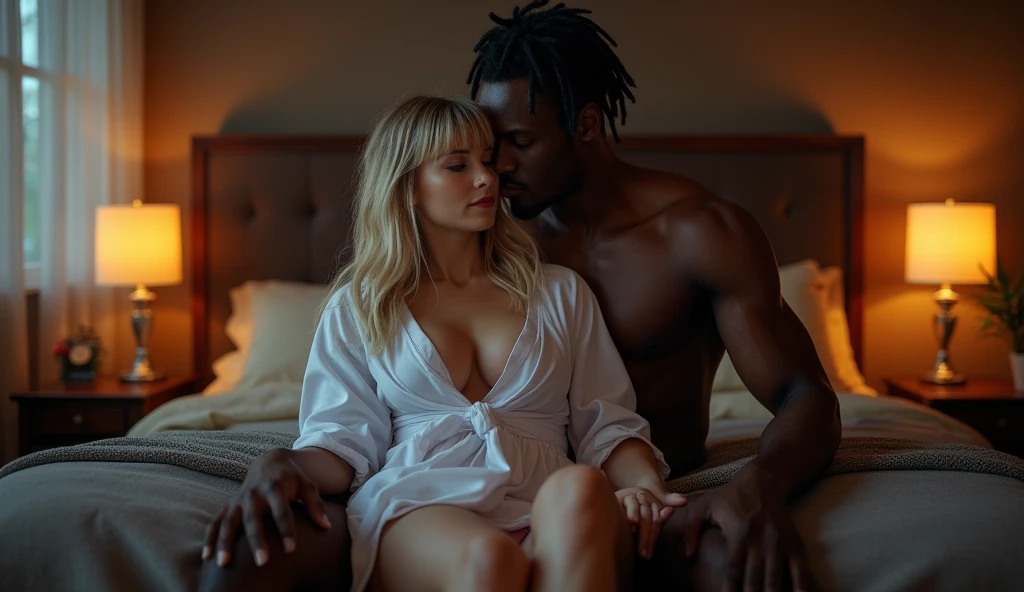 (Photorealsitic:1.4), (masterpiece:1.3), (top-quality:1.4), ultrarealistic, HD 8k,
y well proportioned full body of
((innocent and (sexlittle 25 years woman) and
(tall (muscular) black man )),
man lycra black thong, handsome man, powerful jaw, detailed medium dreadlocks, dominag muscular arms, wide chest, narrow waist, strong legs, clean face,
she bright expression, extremely beautyful, amazing beautyful, extraordinary beautiful, Detailed cute and beautiful face, beautiful big blue eyes,freckles, medium styllish blonde hair, perky small nose, thin red lips, Beautiful bangs, Glowing white shiny skin, Bangs that extend to the face, tight body, tonned abs, sexy pert bucks, subtl, extremely pale woman, extremely pale skin, extremely sexy beautyful legs, tod legs, sexy rounded tight ass,
(c night bedroom),
arnative vibe,vibrant lighting, high contrast,dramatic shadows,highly detailed,detailed skin,depth of field,dynamic angle,glimmer lighting, film grain,
woman (white plain ((translucent robe)), pink short undies) , extremely translucent man lycra short briefs,
full body view, woman sitting in lap's man, (man hands on her hips), full standing view, desire look, sexy bite lips , 5 toes, t feet, passite pose, ((uncovered body)), full body exposed, (no deformations), (no tattoos), (perfect fingers), extremely explicit and erotic, detailed breast