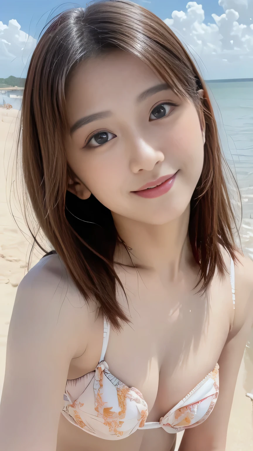 masterpiece、1. Beautiful Japan、so beautiful、Beautiful Skin、((Depiction from the waist up:1.3))、(Surreal)、(High resolution)、(8k)、(Very detailed)、(Beautiful and beautiful eyes)、(Very detailed)、smile、Big eyes、Brown eyes、Long eyelashes、Bright lighting、Professional Lighting、Looking into the camera、Look straight ahead、Long Hair、Brown Hair、Ocean、Sandy Beach、Nogizaka Idol、actress、20-year-old、((Cleavage:0.5))、Bikini Swimwear、Wet Skin、、Moist and realistic skin texture、Moisturized lips、Natural Shadows、