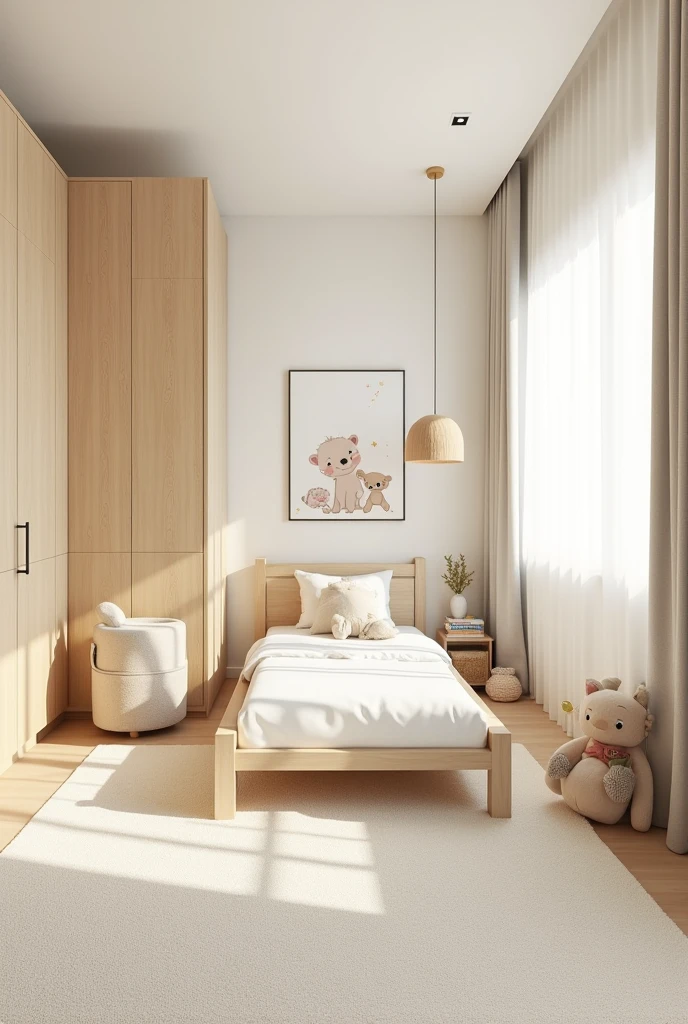 Professional 3d architecture rendering design of modern and   light moss and  so light Thunder and light cream and wooden   Modern and minimal  design for chid  bedroom  and light  cream   carpet  with animals painting and white painting wall and light wooden closet with animals painting and modern ceiling lighting and modern curtains for chid room and the child bed similar globe and safety chair for child and many cozy  toys and painting carpet 