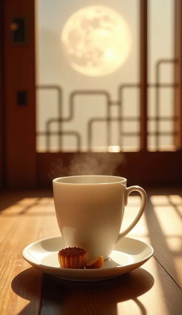 Elegant coffee time with a touch of mellow charm,bloom in silence。Linen texture,Exuding a warm and moist atmosphere。Deglazed and defogged white porcelain coffee cup,Delicate and smooth glaze,Just right to carry the mellow aroma of coffee。The plate is filled with golden color、Fragrant mooncakes,,It forms a tranquil picture full of Zen。
A bright moon hangs high in the sky outside the wooden window in the background，Bright light and shadows flow,Enhance the texture of the device,It feels like you are in a peaceful Zen tea space。Interlacing of light and shadow,Exuding the warmth and softness of the afternoon,Provides a comfortable and relaxing atmosphere。
The overall picture is minimalist but rich in layers,Elegance reveals a vague romantic charm。Meticulous photography techniques,Capturing the Zen and tranquility of the tea ceremony,Demonstrate high-quality visual experience。