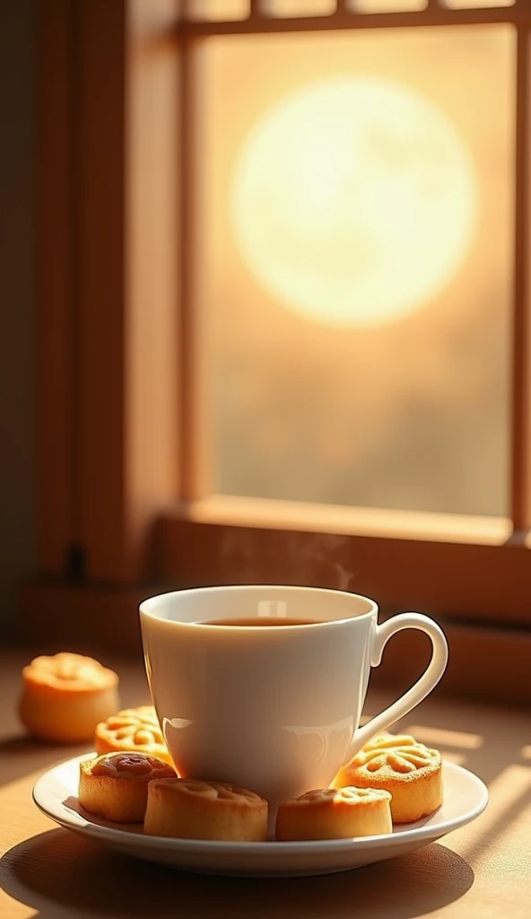 Elegant coffee time with a touch of mellow charm,bloom in silence。Linen texture,Exuding a warm and moist atmosphere。Deglazed and defogged white porcelain coffee cup,Delicate and smooth glaze,Just right to carry the mellow aroma of coffee。The plate is filled with golden color、Fragrant mooncakes,,It forms a tranquil picture full of Zen。
A bright moon hangs high in the sky outside the wooden window in the background,Bright light and shadows flow,Enhance the texture of the device,It feels like you are in a peaceful Zen tea space。Interlacing of light and shadow,Exuding the warmth and softness of the afternoon,Provides a comfortable and relaxing atmosphere。
The overall picture is minimalist but rich in layers,Elegance reveals a vague romantic charm。Meticulous photography techniques,Capturing the Zen and tranquility of the tea ceremony,Demonstrate high-quality visual experience。