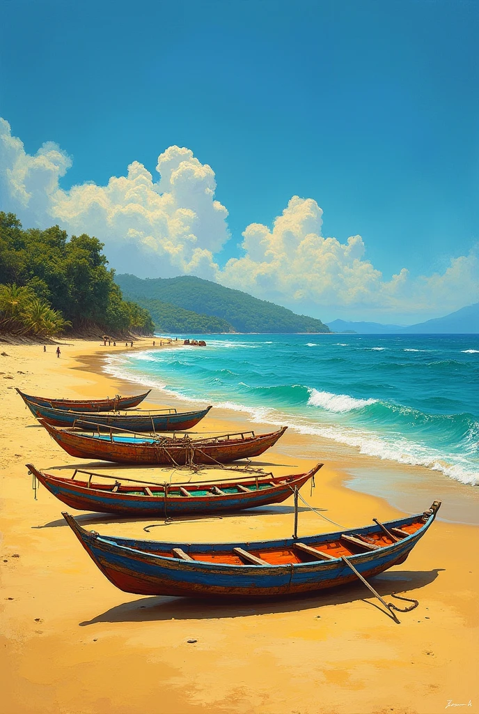 Painting rafts with sails on the sand of a beach in northeastern Brazil