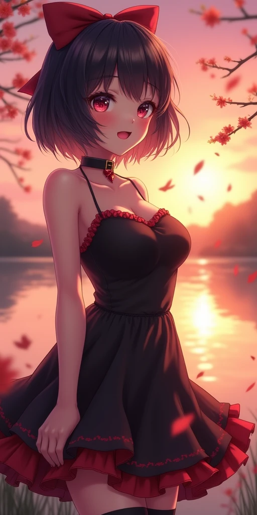 (best quality, ultra-detailed, photorealistic: 1.39), bright and vibrant colors, studio lighting, romantic expression, An effeminate girl, with a delicate and beautiful face. Beautiful and adult with short bob hair, with bangs, a bow in her hair, her large breasts seduce, in a black+red skirt dress, garter belt stockings, she is waiting for a romantic date by the lake, manga style, anime features manga style, fully body , she is in love, anime style