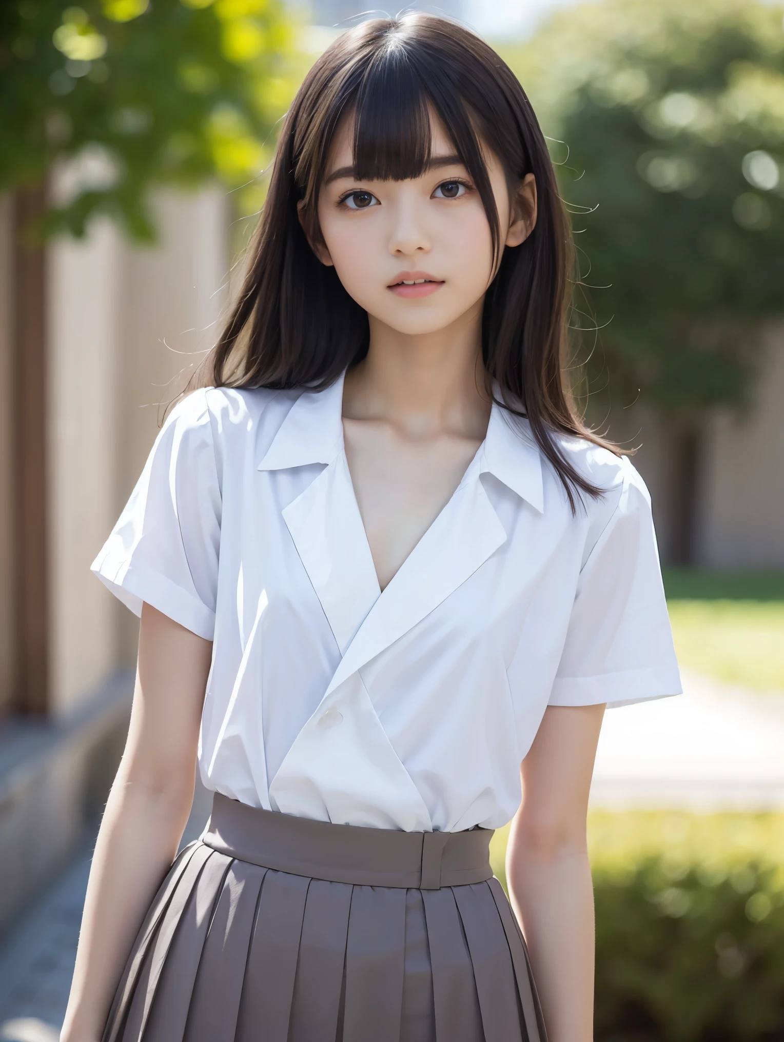 High resolution、High resolution、In 8K、RAW Photos、Highest quality、masterpiece、18-year-old girl, (Flat chest like:1.2), ((Skinny body:1.2)), Wavy Hair,, Anatomically correct、bangs、Waist、thigh、Japanese high school uniform、school uniform
