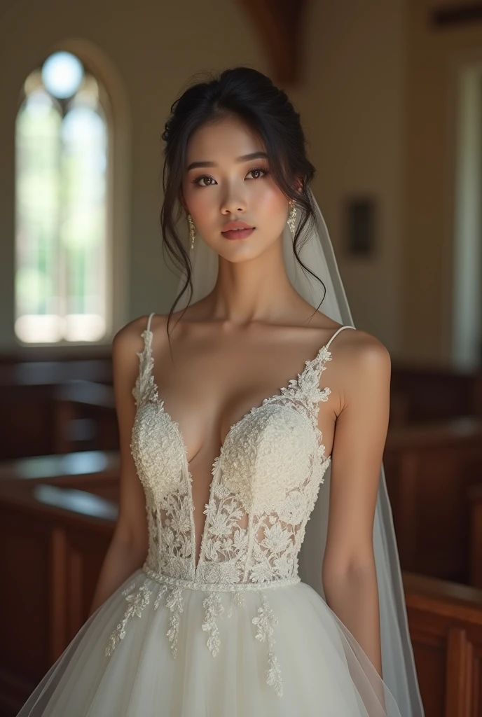 extremely beautiful asian woman, wearing wedding clothes, full body portrait,  woman body shape, (nude:1.5), (small sized tits:1.2), (nipples, clean shaved vagina:1.3), (small sized tits:1.2), inside the church, (smooth skin:1.5), extremely detailed, (32k, RAW photo, UHD:1.2, captured by Hasselblad X2D), ultra detailed, ultra high resolution