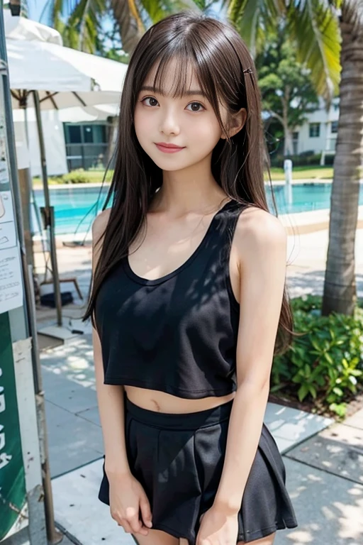 masterpiece, 1 beautiful girl, Highest quality, 超High resolution, (reality: 1.4), Original photo, Cinema Lighting, Japan, Asian Beauty, so beautiful, Beautiful Skin, thin, (超reality的な), (High resolution), (8k), (Very detailed), (Best illustrations), (Beautiful narrow eyes), (Very detailedな) , Delicate face, Looking at the audience, ,smile， (Tank top、mini skirt) , Black Hair, 46 point side bangs, beach、Big Breasts、Beach、（Whole body 1:3)、Sexy pose， Clean atmosphere,Long Hair, Beachサンダル、information