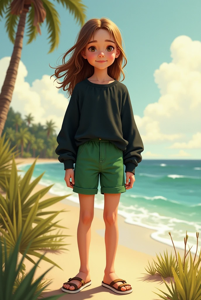 Young girl long black sleeve and old green dolphin shorts with shoes