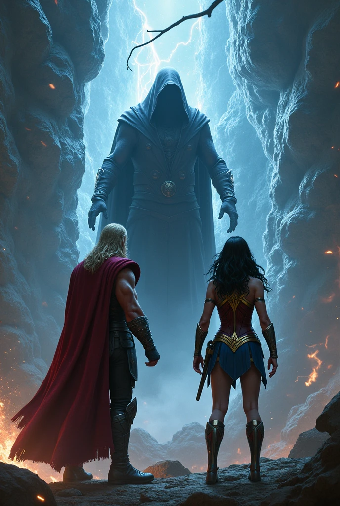 Chapter 4: Truth RevealedPrompt: "Thor and Wonder Woman, battered but determined, face a dark sorcerer emerging from the rift. The sorcerer is cloaked in dark robes, surrounded by swirling dark energy. Thor and Wonder Woman, united, prepare for a final battle. The background shows the rift partially closing and the surrounding chaos subsiding."