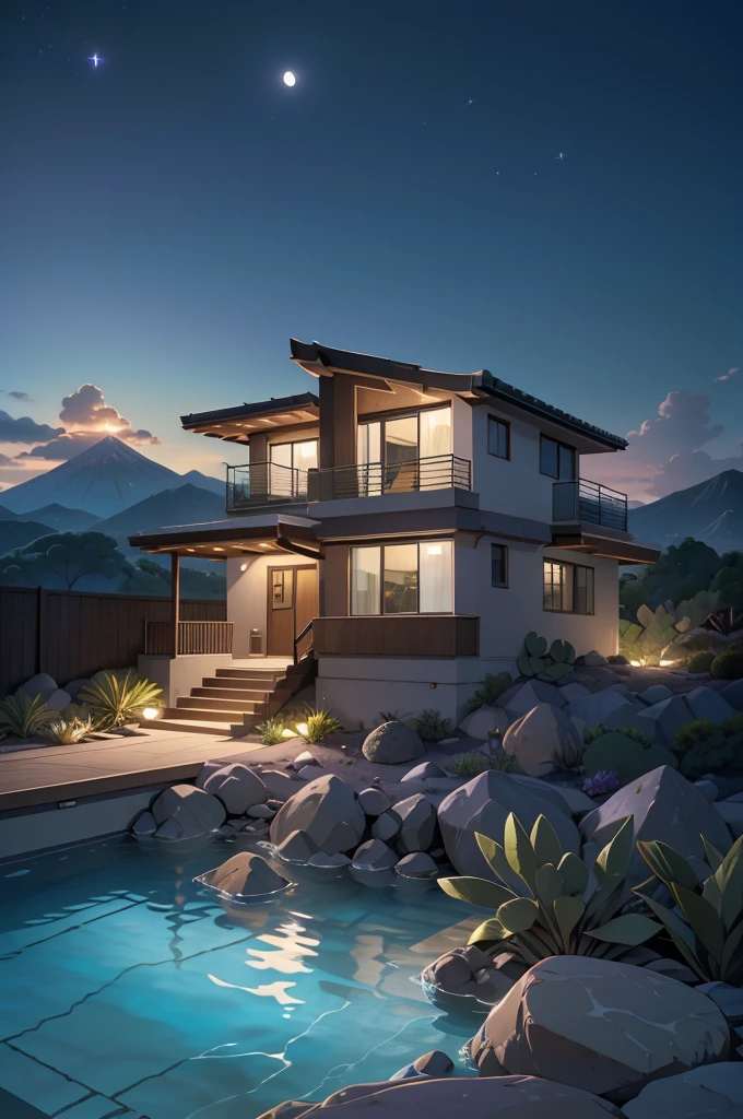 small and beautiful modern house in top of big boulders, terraces, pool, stairs, multiple cacti gardens, palms, trees, rocks, beautiful landscape design, mountains and volcano y background, amazing clouds, sun, moon, planets, milky way galaxy, concrete, wood, glass and steel materials, olive green, violet, orange and withe colors in facade
