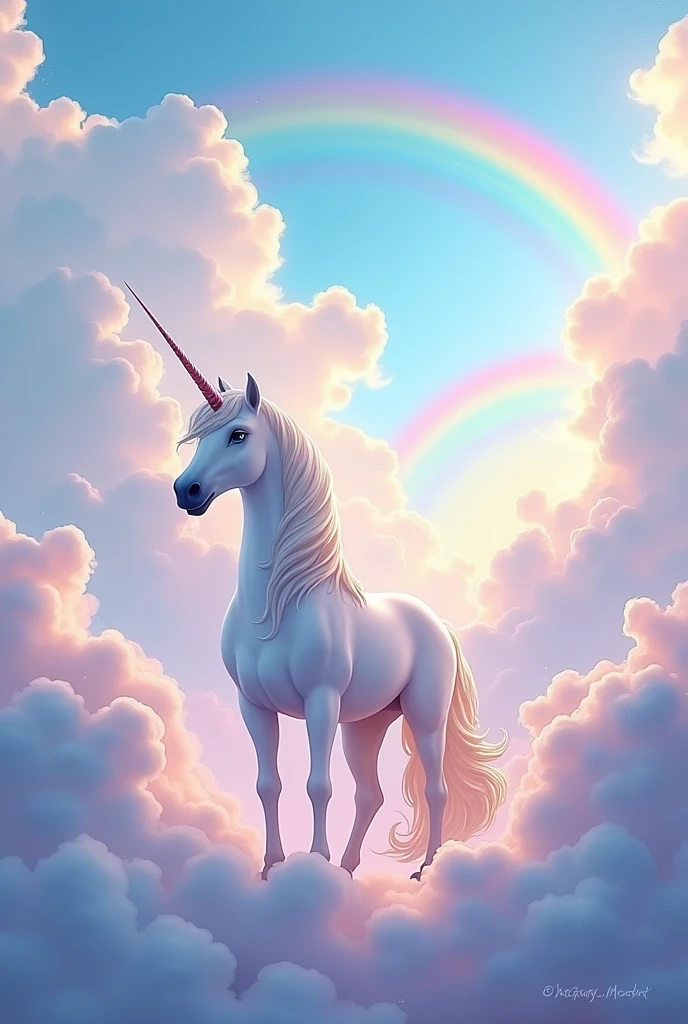 A unicorn amidst big clouds with cute colorful rainbow