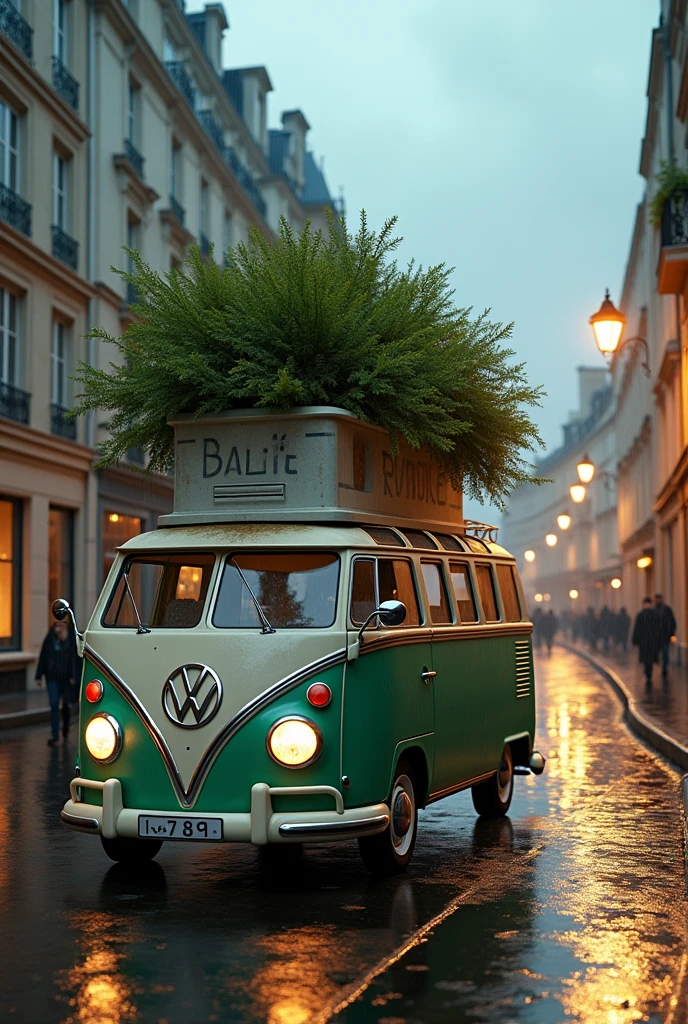 Hyperrealistic cinematic scene of a vintage 1960s VW van with a surreal vertical garden structure on its rear, designed in the style of Zaha Hadid, parked on a rainy Parisian street. The garden features fluid, otherworldly architectural lines interwoven with lush greenery, blending surrealism with modern design. Parisian buildings and cobblestone streets reflect the rain, with soft, diffused streetlights illuminating the scene, creating a moody atmosphere with intricate reflections and textures.