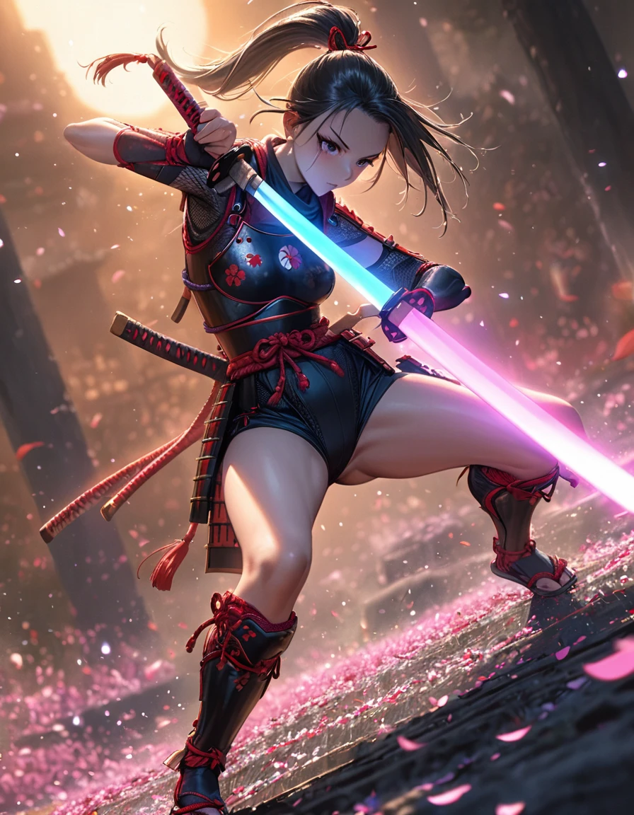 Highest quality, Great quality, 16K, Unbelievably absurd, Very detailed, delicate and dynamic, Natural light, The particles reflect light, Diffuse reflection of light, Many rainbow-colored petals fall, Sparkling Sun, Diffuse reflection of light, Create amazing image effects, Cool girl, Serious, passion A female ninja, full body, (Beautiful hands:1.5), ponytail hair, (Japan Armor,ninja suit:1.2), (bare arms, bare thighs:1.2), katana, japanese long sword, (Wielding a sword:1.5), (dynamic angle:1.2), agressive posing:1.2), fantasy, in the battle field