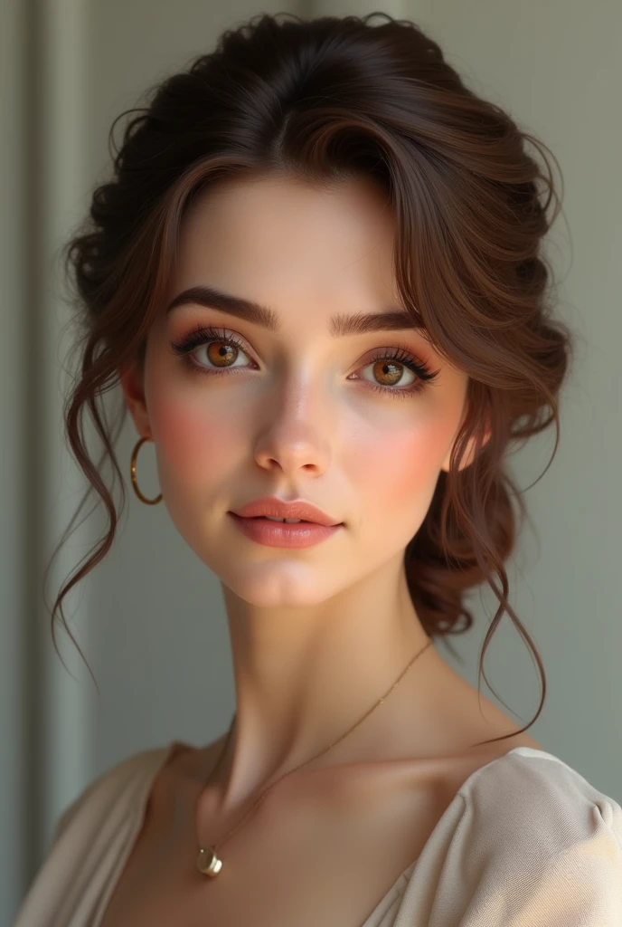 realistic image 32 year old woman with brown hair with classic 18k look