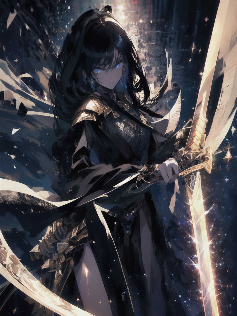 Holding a one-handed sword、Please take the black sword.、((masterpiece, highest quality, Super detailed, High resolution)), alone, beautiful girl, shining eyes, perfect eyes, 15 years old, black white gold theme,