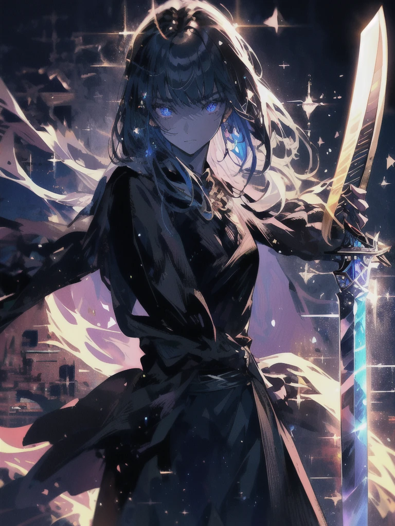 Holding a one-handed sword、Please take the black sword.、((masterpiece, highest quality, Super detailed, High resolution)), alone, beautiful girl, shining eyes, perfect eyes, , black white gold theme,