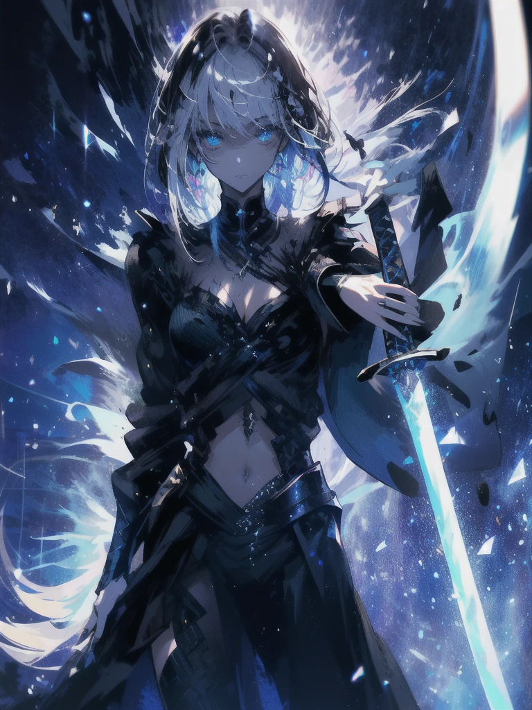 Holding a one-handed sword、Please take the black sword.、((masterpiece, highest quality, Super detailed, High resolution)), alone, beautiful girl, shining eyes, perfect eyes, 15 years old, black white gold theme,