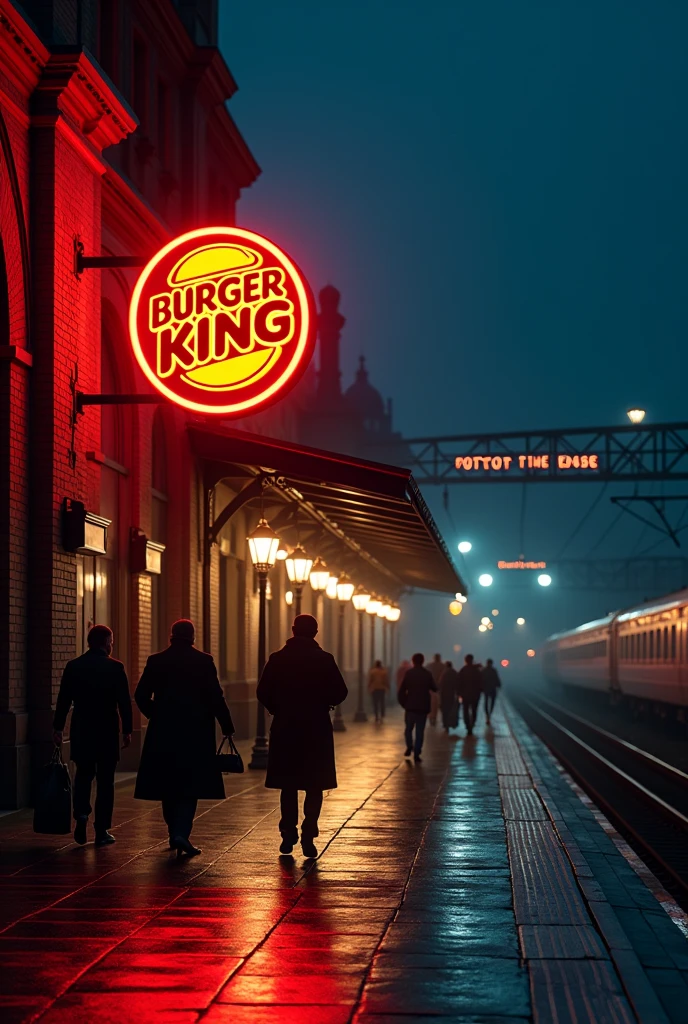 train station, Luminous Burger King logo hanging at the lamppost, 8k, High Quality, store facade, Night,