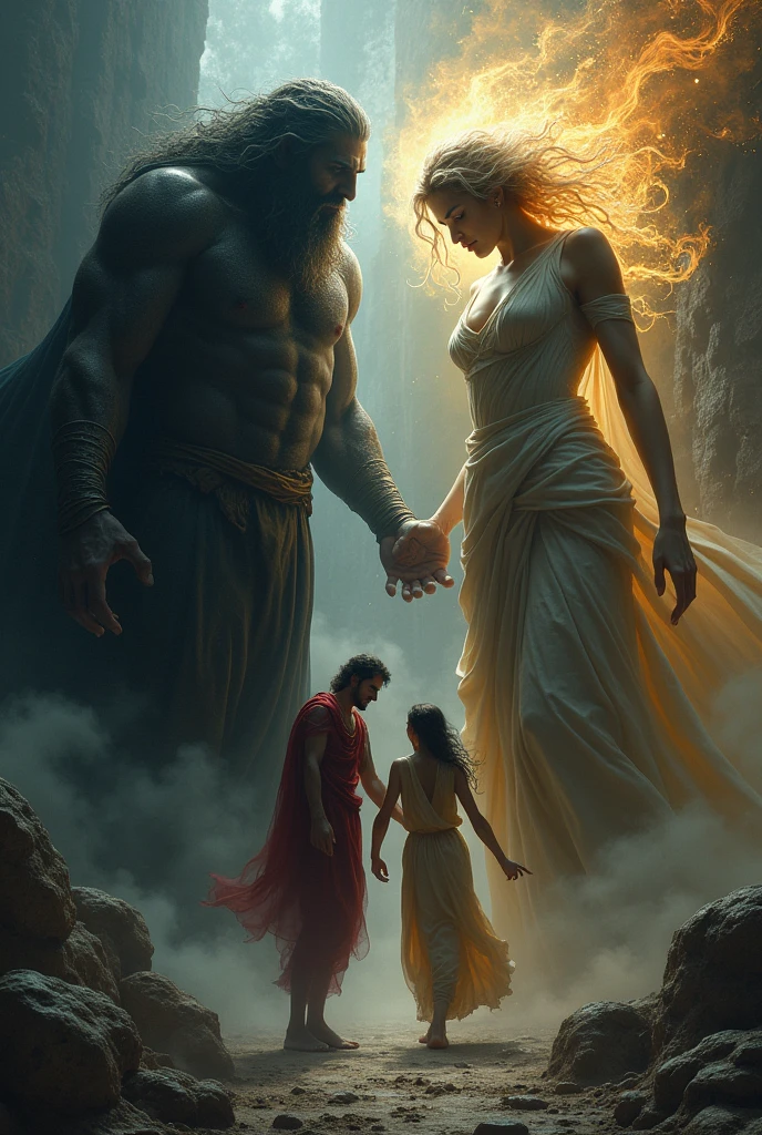 makes hades scary and demeter looks magnificent, make it look like they're fighting. place them in both sides then put some lovers, a pair of man and woman between them pleading for their life