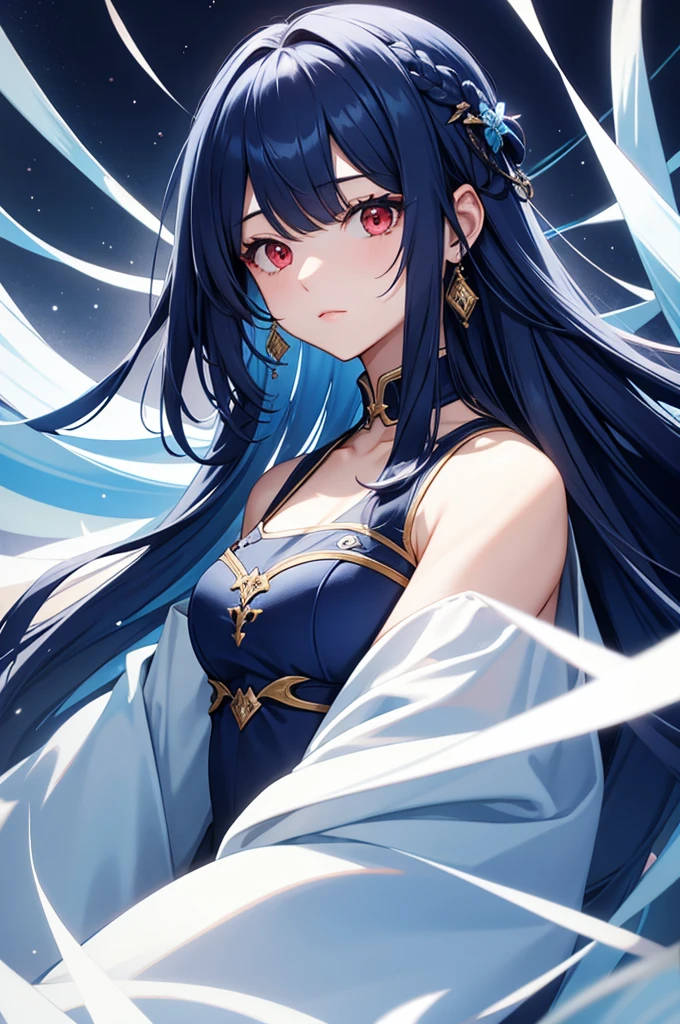 Blue colored long hair、Center parted bangs、Red eyes