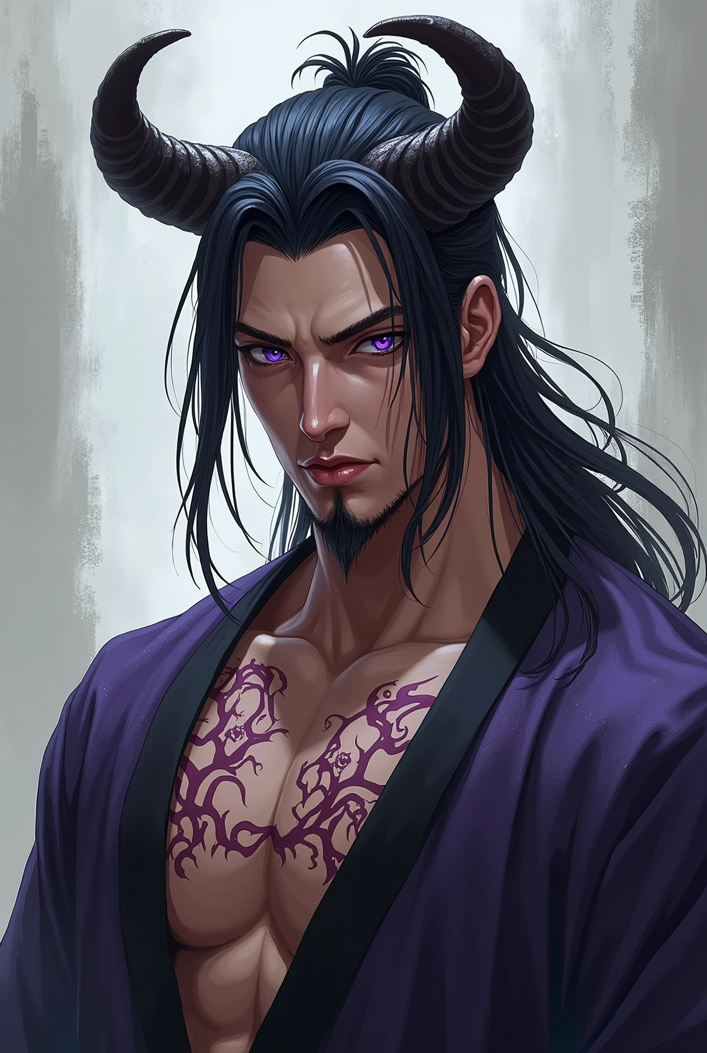 This man has an imposing presence, Standing out for his intense purple eyes that seem to reflect an enigmatic depth. His skin is clear, which contrasts with the visible scars that adorn his torso, telling stories of past battles and intense struggles.
Her long, dark hair is neatly combed into a half ponytail., adding a touch of masculine sophistication to your look. Although he lacks a beard, His face has marked features that give him a severe and determined appearance..
In your head, A pair of oni horns that curve upwards stand out, giving it a majestic and somewhat fearsome air. These horns, along with their scars, They underline an aura of strength and endurance. Your clothing, although not described in detail, probably complements its formidable and enigmatic appearance.