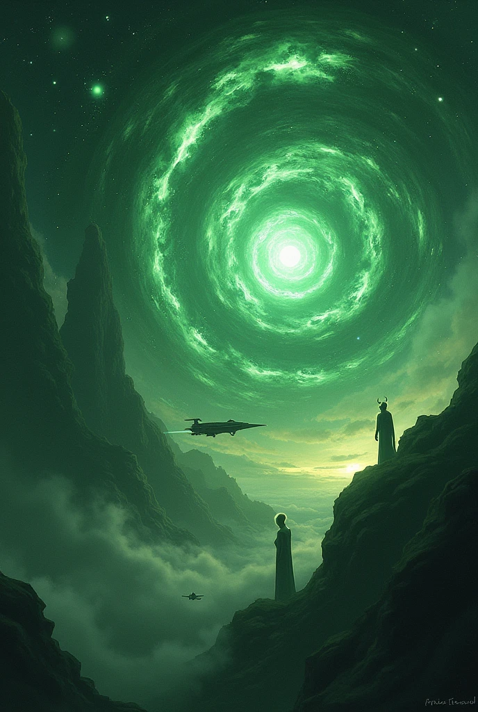 Green constellations with black holes, alíens, demons, ships
