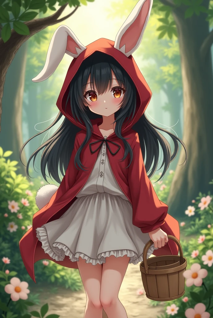 furry,anime girl, coelha, cute girl, human girl, rabbit ears, little red hidding hood, woman ,big boobs, black hair