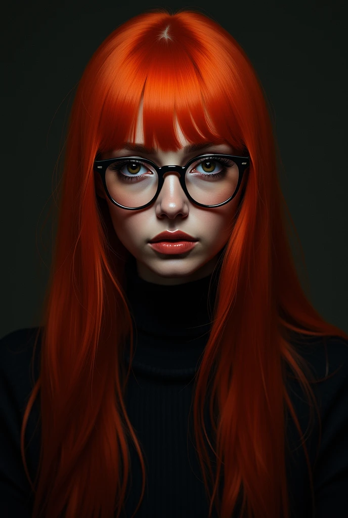 Create digital art images of a woman with long straight, bold red hair wearing round prescription glasses. Make the drawing dark style