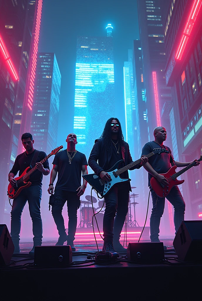 Band with four male members cuberpunk two tall and strong, a thin one and a chubby one