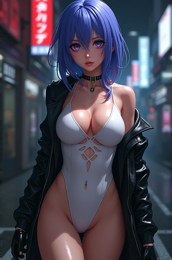 realistic 24k woman ,blue-purple hair,Public Security Section 9,(1 girl),(ghost in the shel style:1.0),realistic ghost in the shell with guns,Wearing a white Fishnet tights and leather coat,(beautiful eyes:1.2),(beautiful face:1.3),(detailed face:1.3),(smile),(muscular:1.1),(sensual:1.3),(thick thighs:1.2),(Body moistened with sweat),(background is black:1.5),(blur background:1.2),(master piece,highest quality,ultra high resolution,Super detailed,8K),wallpaper,The background is Cyberpunk City