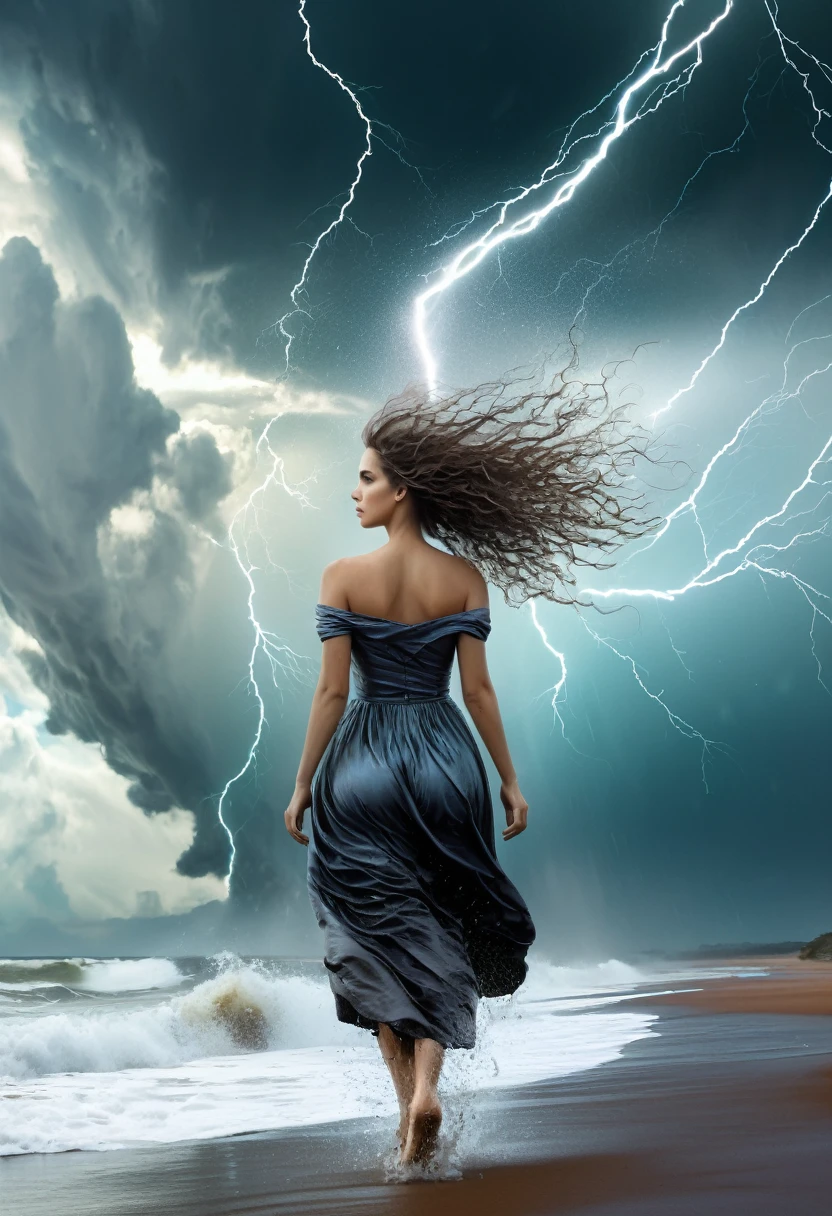 high quality, 8K Ultra HD, Surreal portrait of a stunning woman.
(masterpiece, best quality:1.2), 1 Girl, Solitary,Female walker,Whateley,storm,Earth